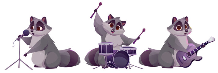 Cute raccoon character playing musical instrument and singing song with microphone for childish animal band orchestra concept. Cartoon vector illustration set of funny mascot musician on performance. © klyaksun