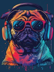 Fototapeta premium Pug with Headphones and Sunglasses in Vibrant Colors