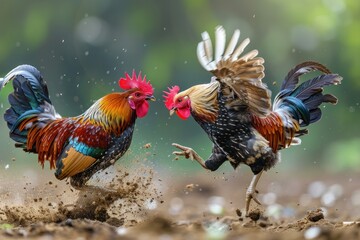 two roosters fight on farm nature blured background. ai generative