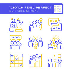 Team members two color line icons set. Group interaction bicolor outline iconset isolated. Task management. Conflict resolution. Group success. Duotone pictograms thin linear. Editable stroke