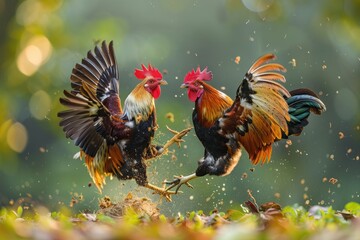 two roosters fight on farm nature blured background. ai generative
