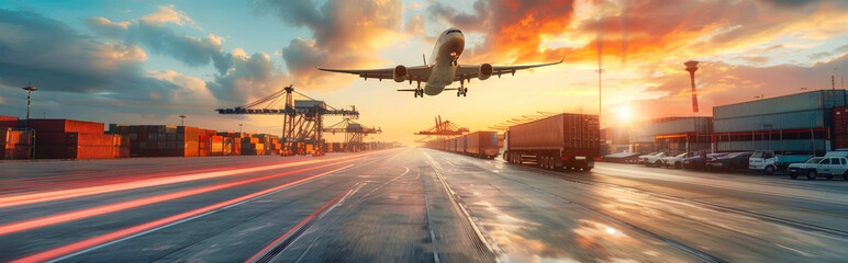 A cargo plane takes off over a busy port with container ships, cranes, and trucks. The sunset casts a warm glow over the scene