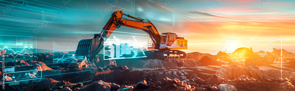 Poster an excavator operates on a rocky field, its work illuminated by data visualizations and graphs that 