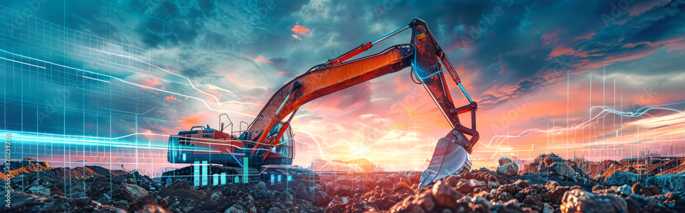 Poster an excavator working in an open rock field is surrounded by digital data visualizations showing its 
