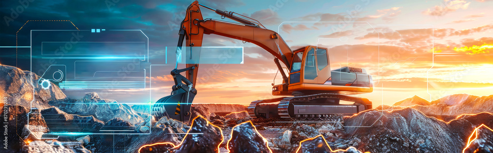 Poster an excavator working in a rocky field with data visualizations showcasing its performance and energy