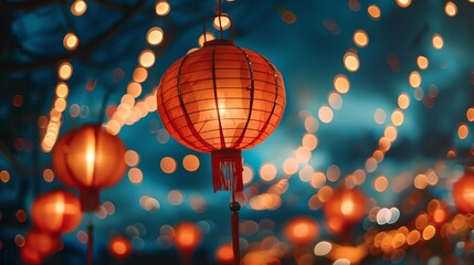 Bright Chinese lanterns illuminate the night sky, hanging gracefully