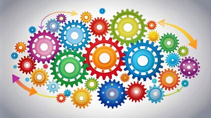 Colorful abstract vector illustration of business strategy concept featuring gears wheels and arrows connected in a cohesive circular framework.