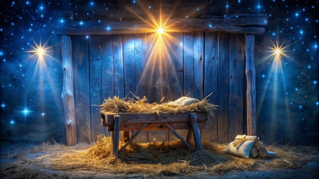 The Birth Of Jesus Christ.Manger With Shining Star.