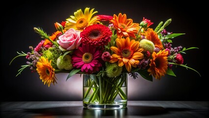 Obraz premium Vibrant modern round flower arrangement with delicate petals and bold center on sleek black background with subtle shadow effect.
