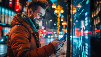 Obraz premium At night on a city street, a man looks at his phone, possibly checking investments. A digital stock market display glows in the background