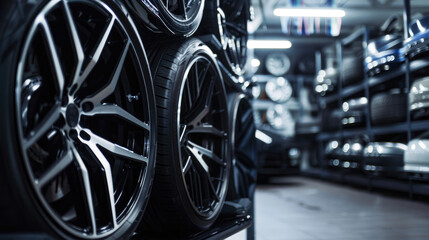 Fototapeta premium Close-Up View of Premium Sports Rims Stacked in Car Tire Store