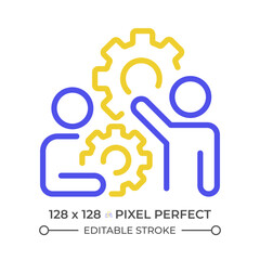 Coordination two color line icon. Teammates and gears bicolor outline symbol. Efficient work. Working together. Business process. Duotone linear pictogram. Isolated illustration. Editable stroke