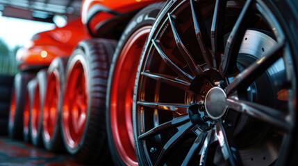 Fototapeta premium Close-Up View of Premium Sports Rims Stacked in Car Tire Store