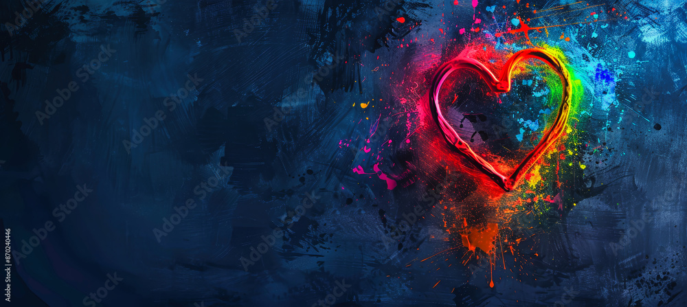 Poster an abstract image featuring a rainbow heart painted on a dark blue background with colorful splashes