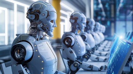 Fototapeta premium Experience the future of work with robotic automation seamlessly integrated into workforce management, featuring cutting-edge AI systems and human employees collaborating in a high-tech workspace