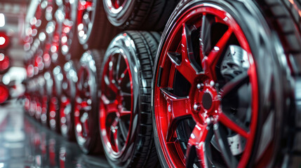 Fototapeta premium Close-Up View of Premium Sports Rims Stacked in Car Tire Store