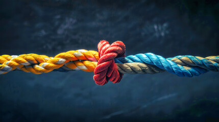 A close-up photo of a red rope knotting together a yellow and a blue rope