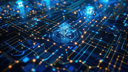 Obraz premium Blockchain network security with encrypted nodes, cybernetic tone, complementary color scheme, front view, representing robust protection