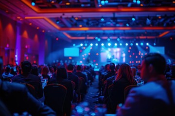 corporate event with people listening to speaker on stage. ai generative