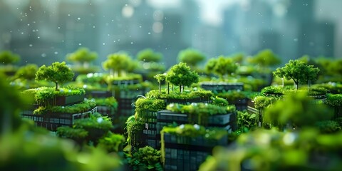 Cityscape with vertical gardens and digital systems for green urban focus. Concept Cityscape Design, Vertical Gardens, Digital Systems, Green Urban Focus