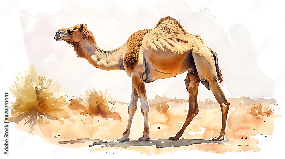 Wall mural camel standing alone in the middle of the desert, white background