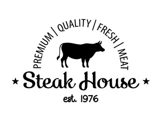 Steak house logo. Vector illustration. Retro style grill restaurant, bar emblem, badge, design, logotype template. Barbecue restaurant typography logo. Vintage design. Steakhouse vector template logo.