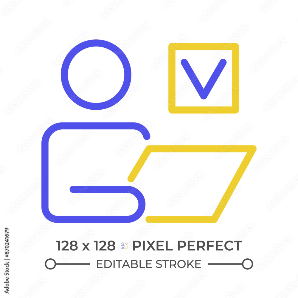 Poster individual task two color line icon. person with laptop bicolor outline symbol. task management. rem