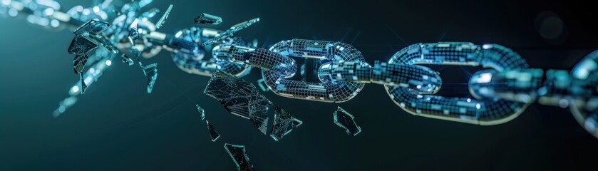 Broken blockchain chain with shattered links, cybernetic tone, complementary color scheme, front view, representing system failure