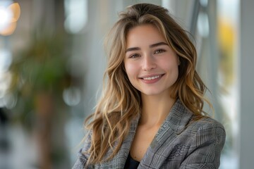 Obraz premium Woman professional portrait in a business casual outfit with a warm smile. ai generative