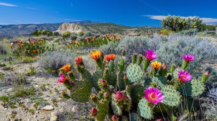 The prickly pear cactus blooms with bright flowers, a surprising burst of color in the arid desert landscape.
