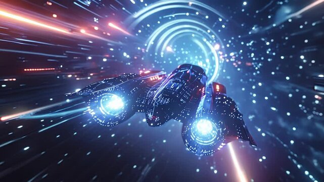 A spacecraft powered by 6G technology traveling through a wormhole on a mission to explore the farthest reaches of the universe.