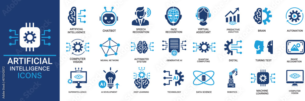 Wall mural artificial intelligence icon set. containing machine learning, data science, ai, virtual assistant, 