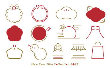 2024年巳年の和モダンでシンプルおしゃれなお正月・年賀のコピースペースのある縁起物見出し文字フレームセット_金赤