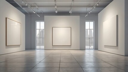 Obraz premium empty white canvas on a wall in a bright gallery space with minimalist design concept of modern art exhibition 3d rendering mock up