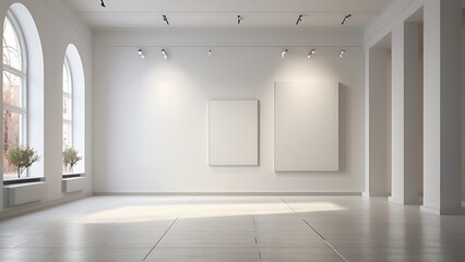 empty white canvas on a wall in a bright gallery space with minimalist design concept of modern art exhibition 3d rendering mock up