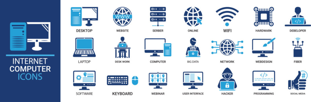 Internet computer icon set. Containing online, computer, network, website, server, web design, hardware, software and programming. Solid icons vector collection.
