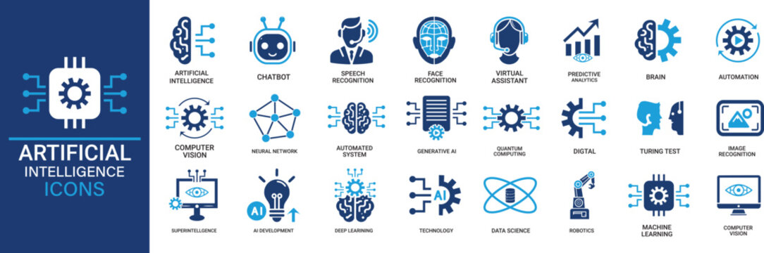 Artificial intelligence icon set. Containing machine learning, data science, AI, virtual assistant, generative AI, technology, Turing test and more. Solid vector icons collection