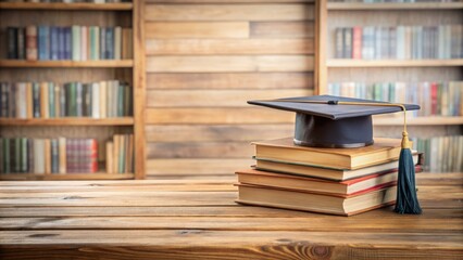 Black Graduation Cap On A Stack Of Old Books In Library. Concept Of Education And Learning.