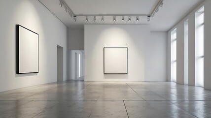 empty white canvas on a wall in a bright gallery space with minimalist design concept of modern art exhibition 3d rendering mock up