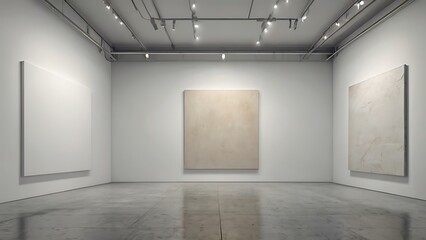 Fototapeta premium empty white canvas on a wall in a bright gallery space with minimalist design concept of modern art exhibition 3d rendering mock up