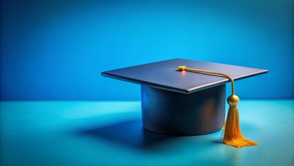 Matte Black Graduation Cap With Gold Tassel On Blue Background