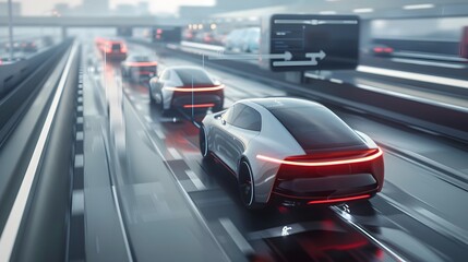 Electric and autonomous vehicles on a futuristic highway.