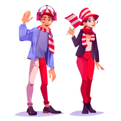 Football fan characters with red and white sport supporter attributes. Cartoon vector illustration set of male and female soccer spectator persons in fanatic hat, scarf and with flag of team.