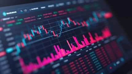 Fototapeta premium Futuristic stock trading platform, holographic financial data, sleek modern design, dark minimalist background, fintech trading