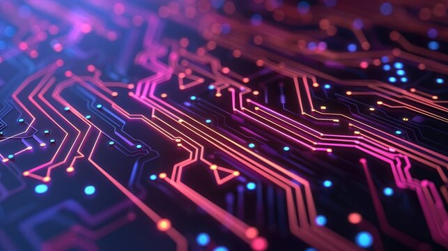 Blockchain network visualization, neon circuit patterns, dark modern background, digital financial technology, secure transactions