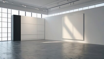 Obraz premium empty white canvas on a wall in a bright gallery space with minimalist design concept of modern art exhibition 3d rendering mock up