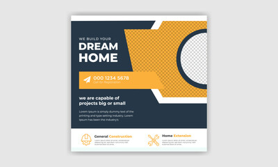 Social media post design. Marketing real estate banner design. Home sale banner template.