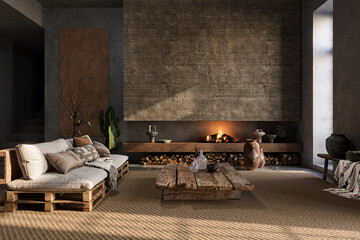 Dark Wabi sabi style interior with fireplace and dark concrete walls. Wall mockup, 3d rendering
