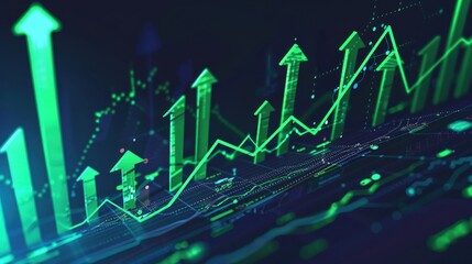 Naklejka premium Significant asset accumulation with green upward arrows, scifi tone, triadic color scheme, side view, illustrating financial growth