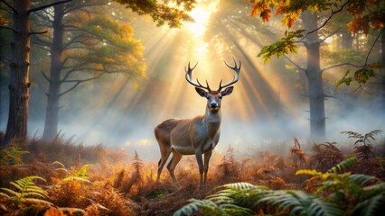 Majestic whitetail deer stands alone amidst misty dawn forest surrounded by golden foliage and ferns, evoking serene natural ambiance.